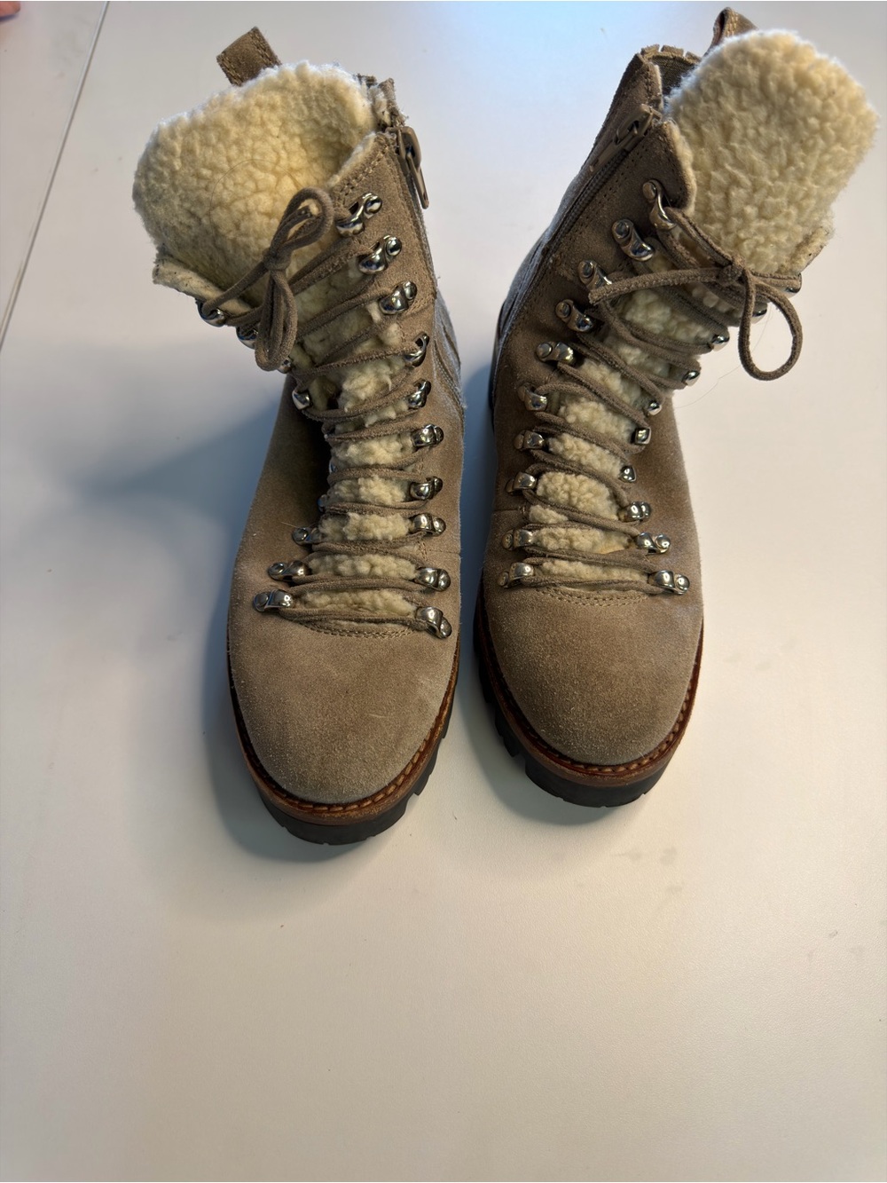 Jeffrey Campbell Taupe Suede Shearling Lace-Up Winter Boots
